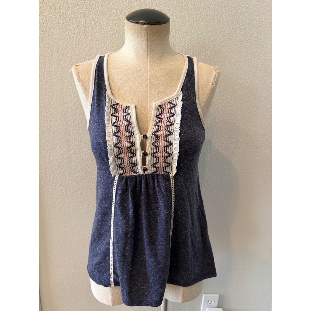 Sol Womens XS Navy Blue Embroidered Boho Tank Top Lace Back Sleeveless